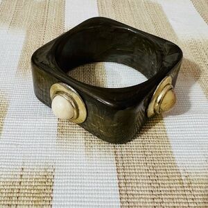 Black Square Resin Bangle with Cream Cabochons